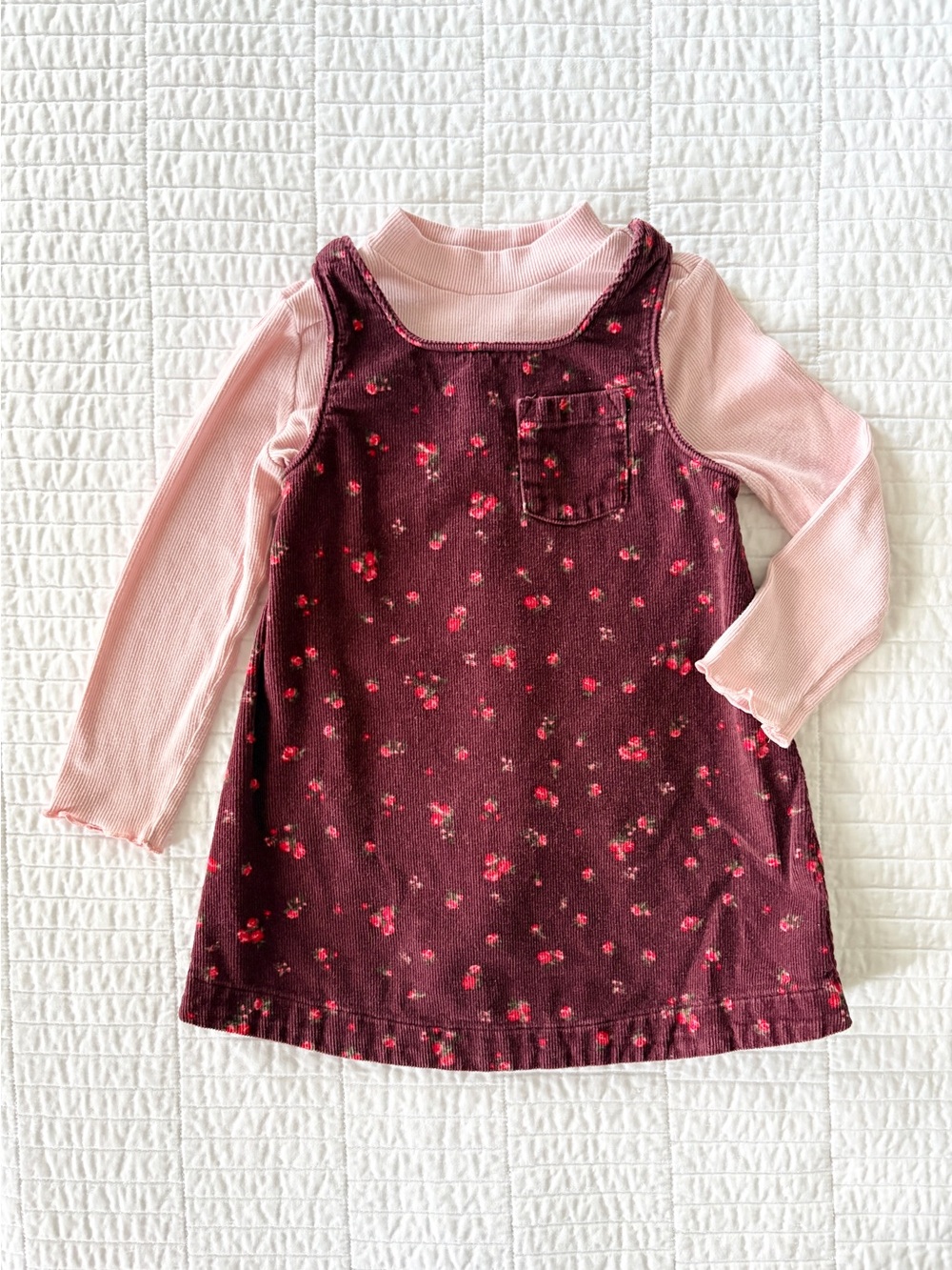 Old Navy Burgundy Floral Corduroy Dress with Light Pink Long-Sleeve Top Size 2T